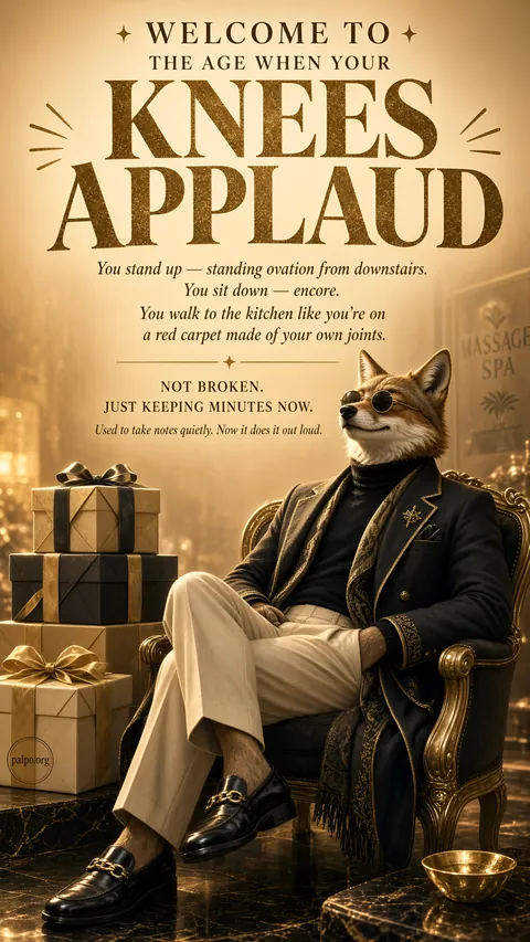 A fox in sunglasses in an armchair: “Welcome to the age when your knees applaud. Not broken. Just keeping minutes now.”