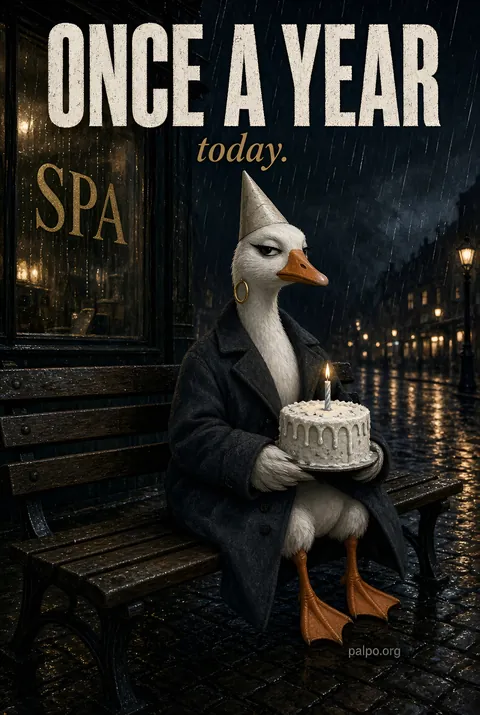 A goose in a party hat with a cake on a bench in the rain: “Once a year — today.”