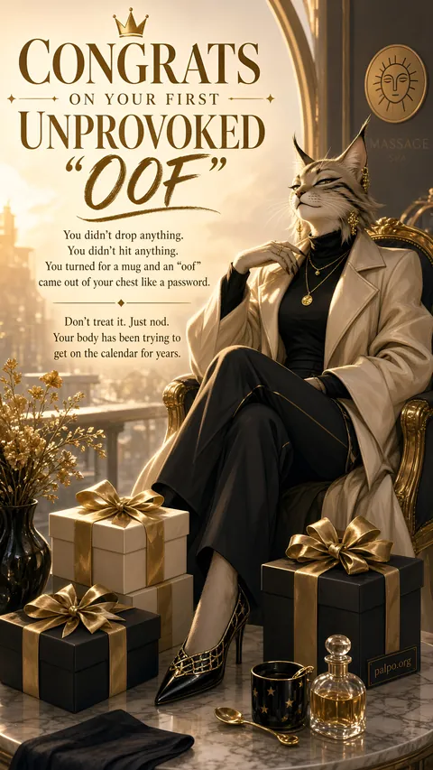 A lynx in a cream coat among gifts: “Congrats on your first unprovoked ‘oof’. Don’t treat it. Just nod.”