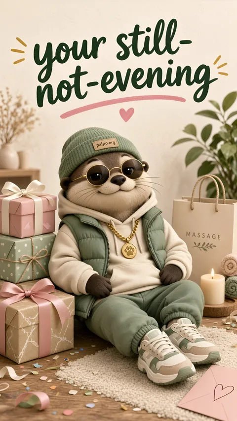An otter in a beanie and sunglasses among gifts: “your still-not-evening”
