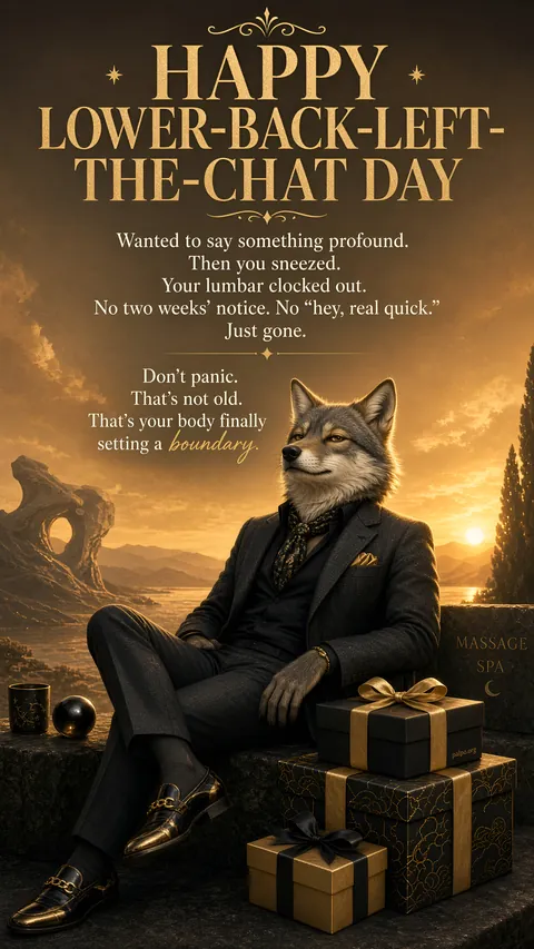A wolf in a suit at sunset: “Happy lower-back-left-the-chat day. That’s your body finally setting a boundary.”