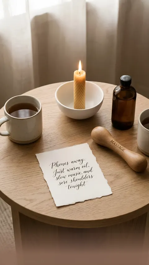 A note on a wooden table with tea and a candle: “Phones away. Just warm oil, slow music, and sore shoulders tonight.”