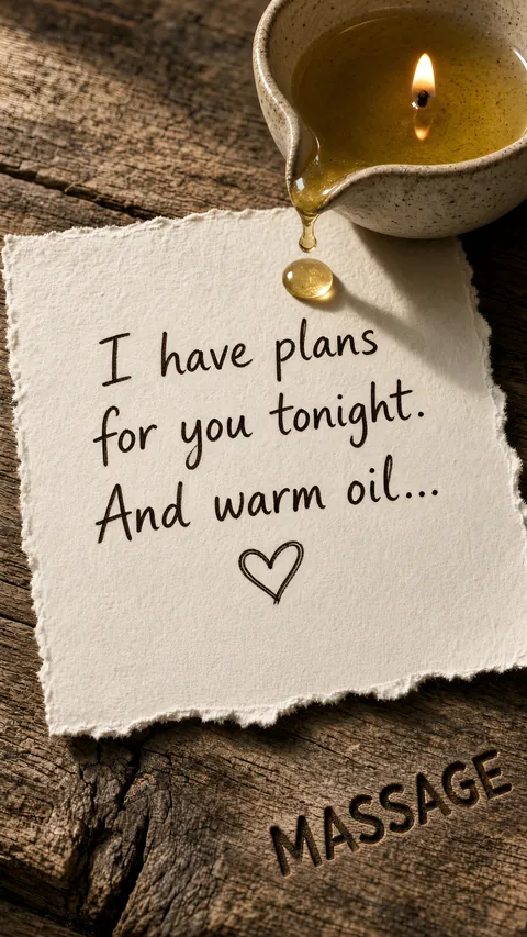 A note with warm oil dripping onto it: “I have plans for you tonight. And warm oil…”
