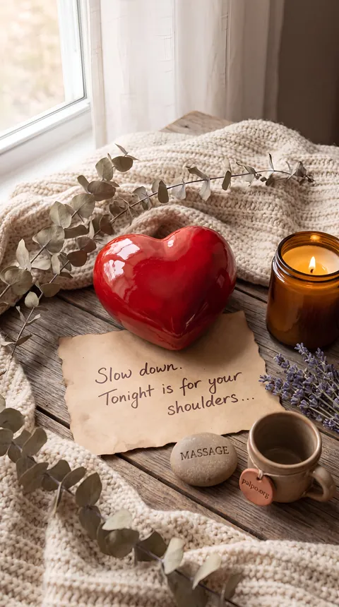A note with a red ceramic heart: “Slow down. Tonight is for your shoulders…”