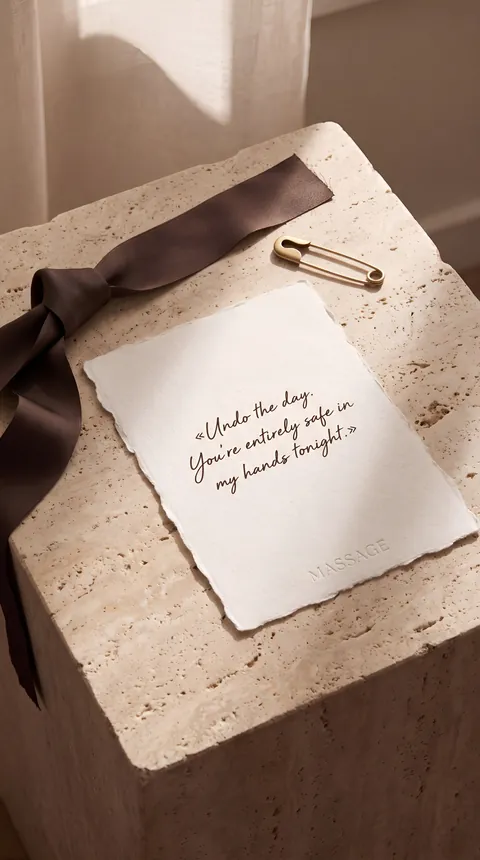 A note on stone with a brown ribbon: “Undo the day. You’re entirely safe in my hands tonight.”