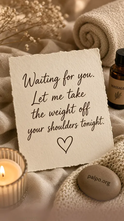 A note on linen with a candle and a stone marked palpo.org: “Waiting for you. Let me take the weight off your shoulders tonight.”