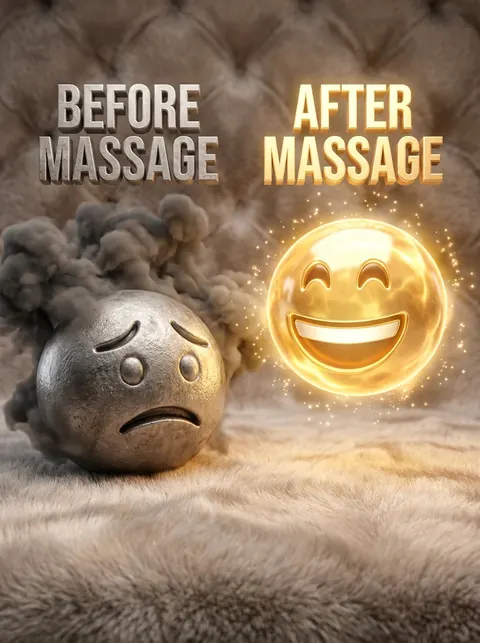 Before massage — железный хмурый смайлик, after massage — золотой сияющий
