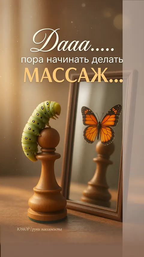 Гусеница на шахматной пешке, в зеркале — бабочка. «Дааа… пора начинать делать массаж»
