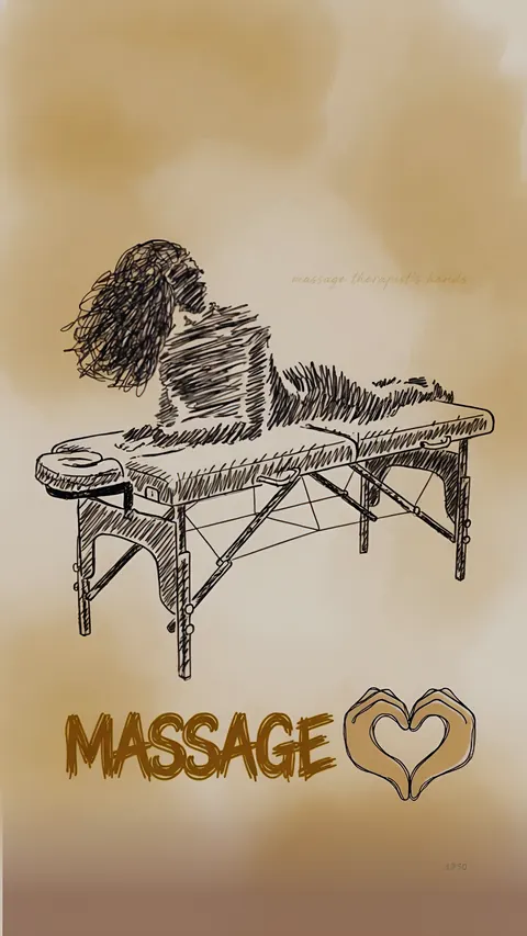 Набросок: мужчина лежит на массажном столе ровно. Massage с сердцем из ладоней