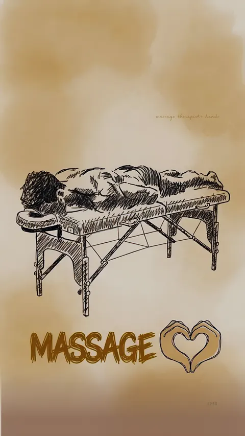 Набросок: у женщины на массажном столе волосы во все стороны. Massage с сердцем из ладоней