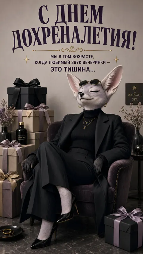 Фенек в чёрном пальто в кресле. «С днём дохреналетия! Мы в том возрасте, когда любимый звук вечеринки — это тишина»