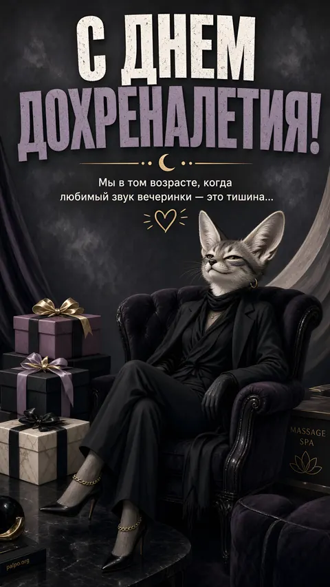 Фенек в чёрном на тёмном фоне. «С днём дохреналетия! Мы в том возрасте, когда любимый звук вечеринки — это тишина»