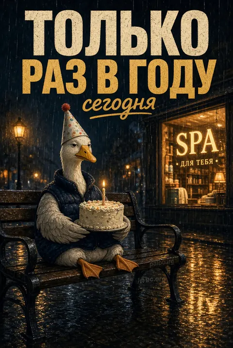 Гусь в колпаке с тортом на скамейке под дождём. «Только раз в году — сегодня»