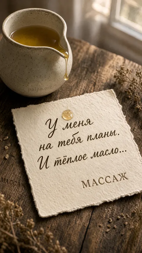 Записка и кувшинчик масла. «У меня на тебя планы. И тёплое масло…»